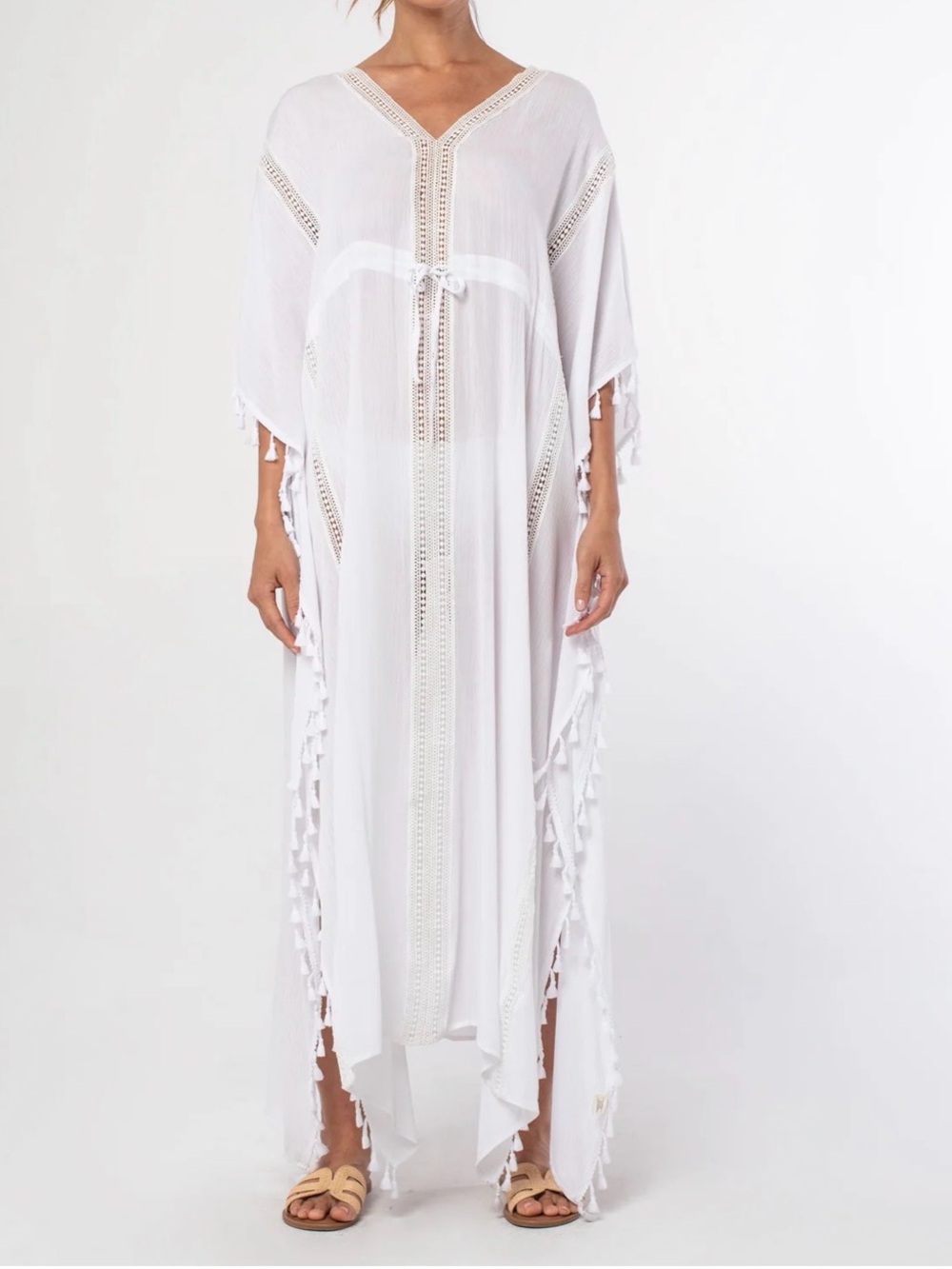 lovestitch White Tassel Trim Crochet Detail Beach Caftan Coverup